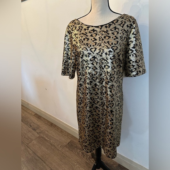 Betsey Johnson Animal Print mini sequin dress gold and black SZ 10 - Picture 2 of 7